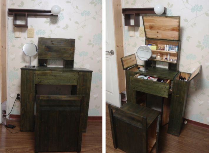 화장대 상판 선반과 의자, 조명까지...