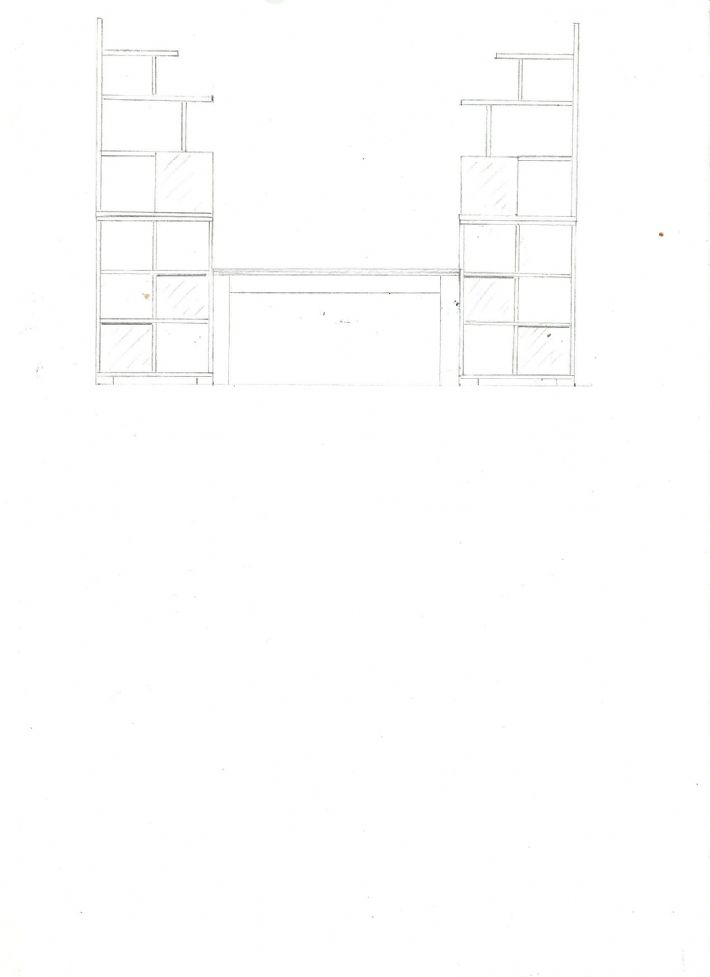집성목으로 만든 책상, 책장.