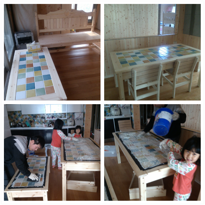 타일식탁과 쌍둥이 좌탁 하트 벤치의자. 거실장. 신발장. 미닫이문 